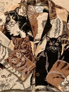 SUGAR STREET WEAVERS Cat Tapestry Knit Cardigan Sweater coat L
